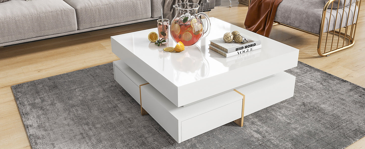 Elegant White High Gloss Coffee Table with Spacious Storage and Wood Grain Legs