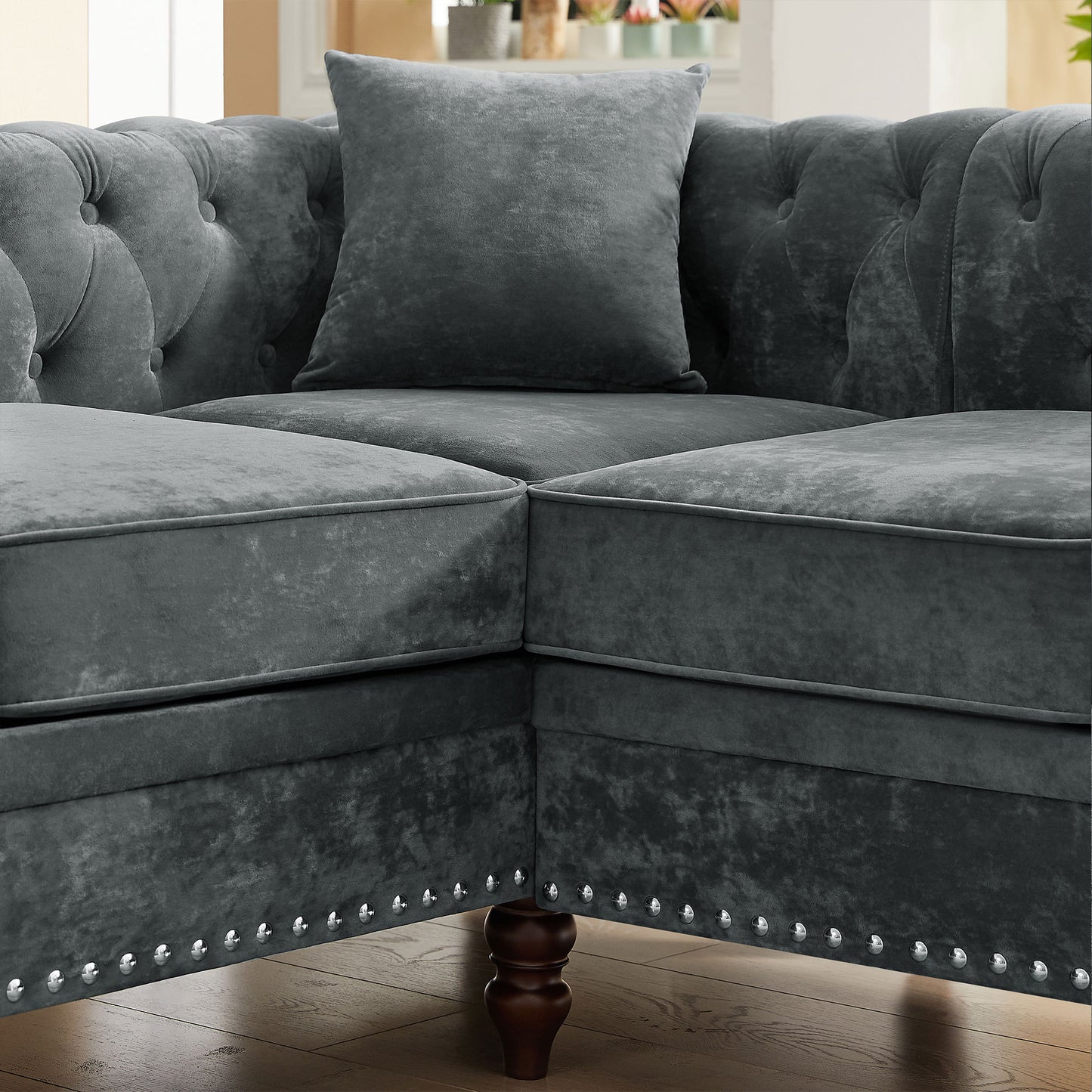 MH 80 Deep Button Tufted Upholstered Grey Velvet L-shaped Sofa with 3 Pillows and Solid Wood Gourd Legs