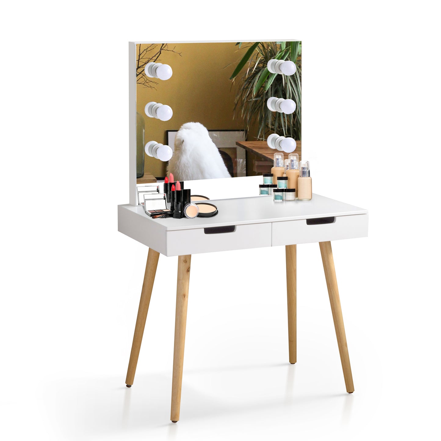 Wooden Vanity Table Makeup Dressing Desk with LED Light,White