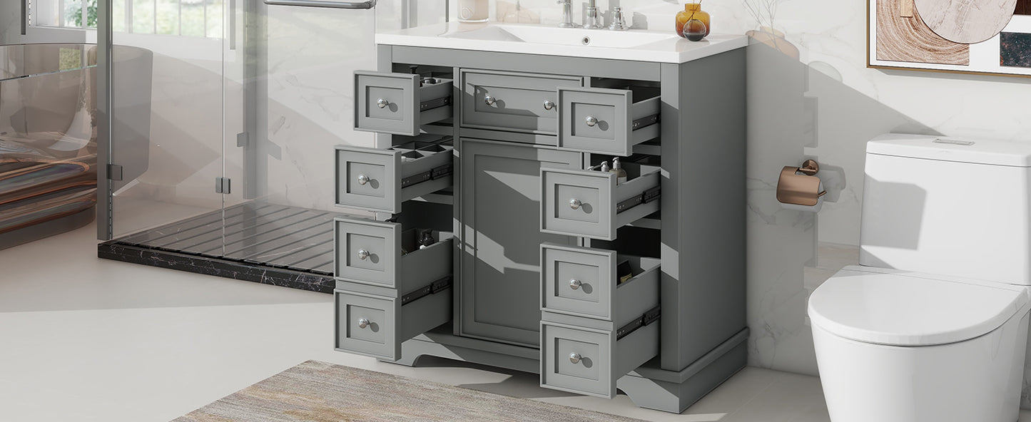 36" Bathroom Vanity with Sink Combo, One Cabinet and Six Drawers, Solid Wood and MDF Board, Grey