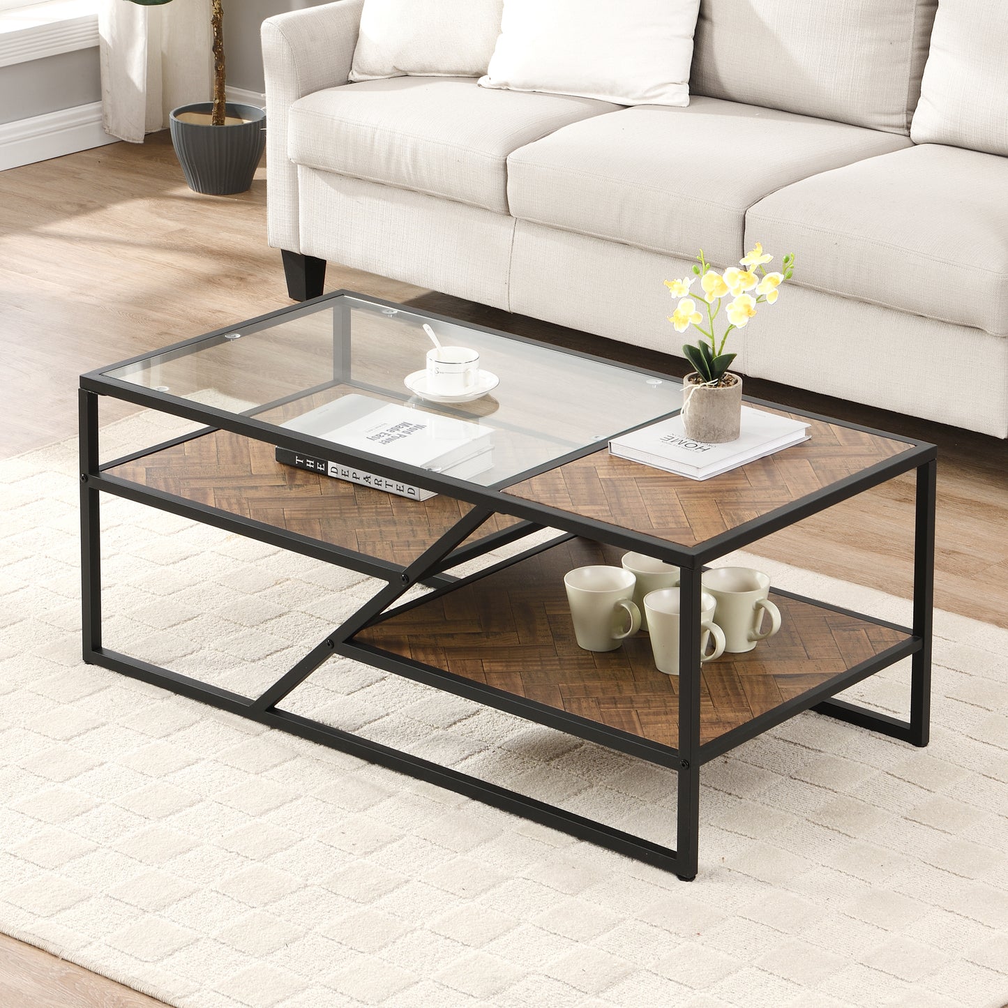 Sleek Black Coffee Table with Tempered Glass Top and Storage Shelf: Ideal for Living Room and Bedroom