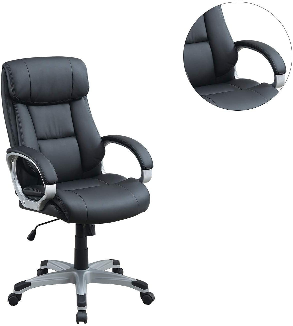 Classic 1pc Office Chair Black Color Cushioned Headrest Adjustable Work Silver Armrest