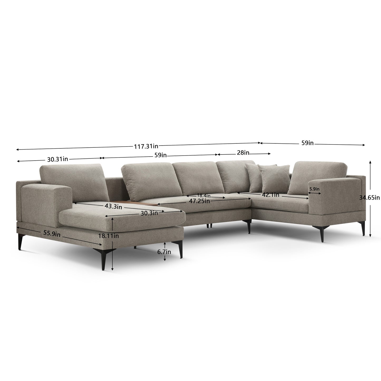 3-Piece U-Shape Upholstered Sectional Sofa Set with Reversible Chaise Lounge, Sand Texture