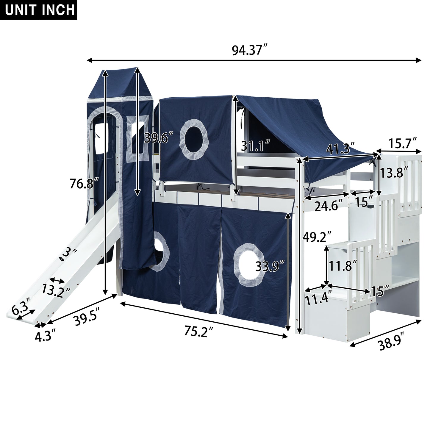 Twin Size Loft Bed with Tent and Tower - Blue