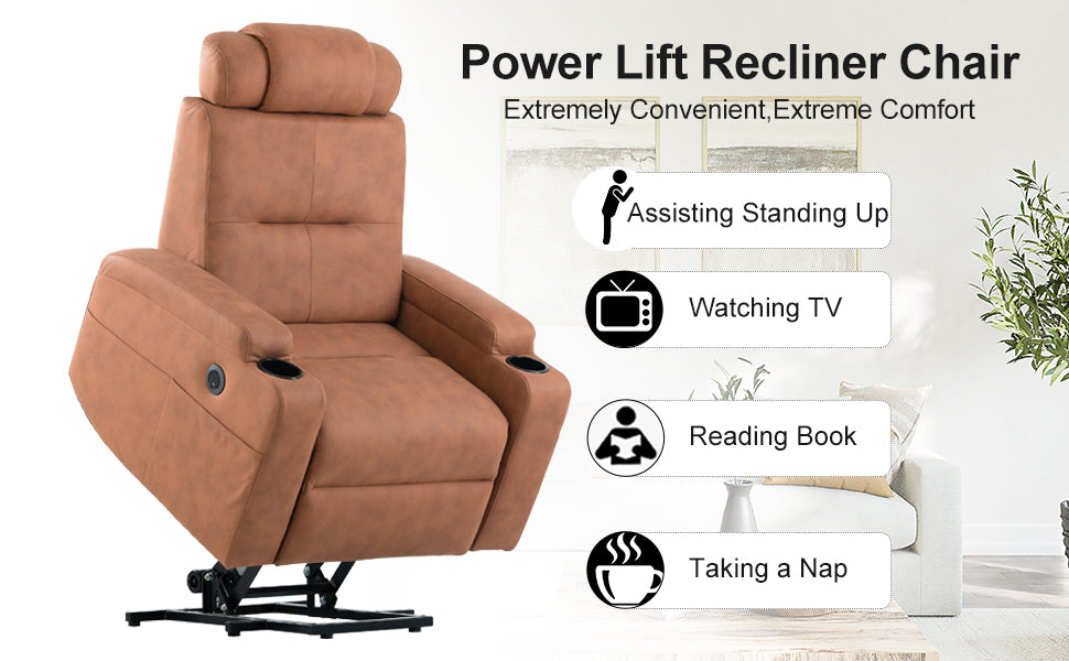 Comfortable Electric Power Lift Recliner Chair for Seniors with USB Charge Port (Orange)