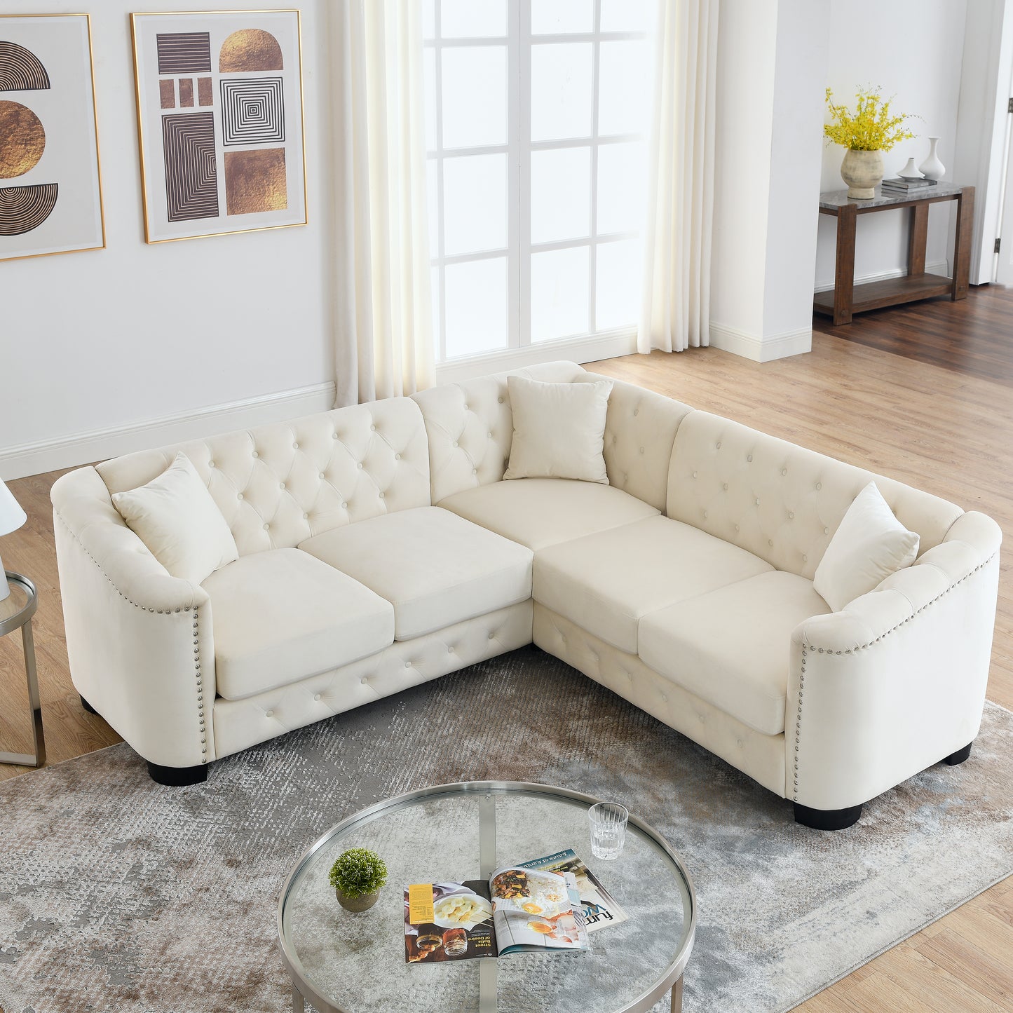 Modern Beige Velvet Chesterfield L-Shaped Sectional Sofa with Nail Head Trim