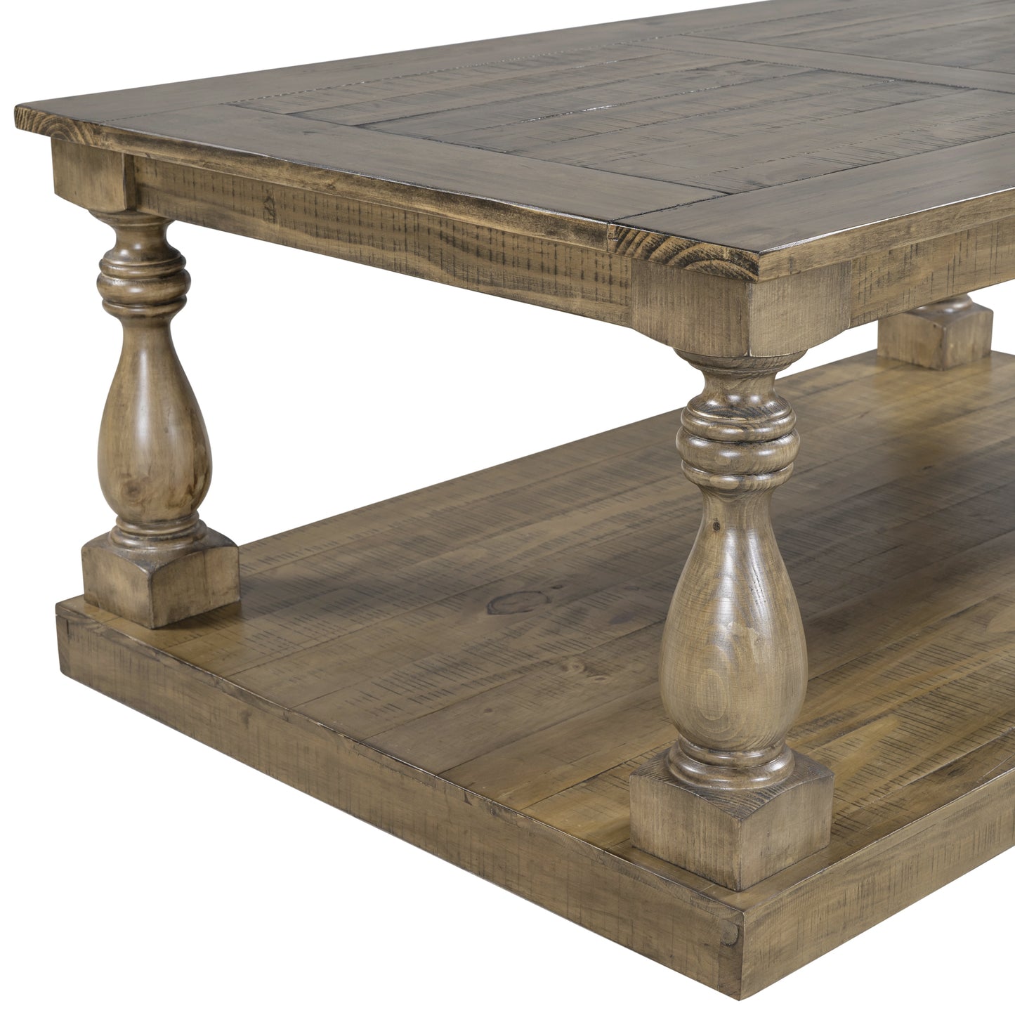 Rustic Pine Wood Coffee Table with Baluster Column Posts and Lower Storage Shelf