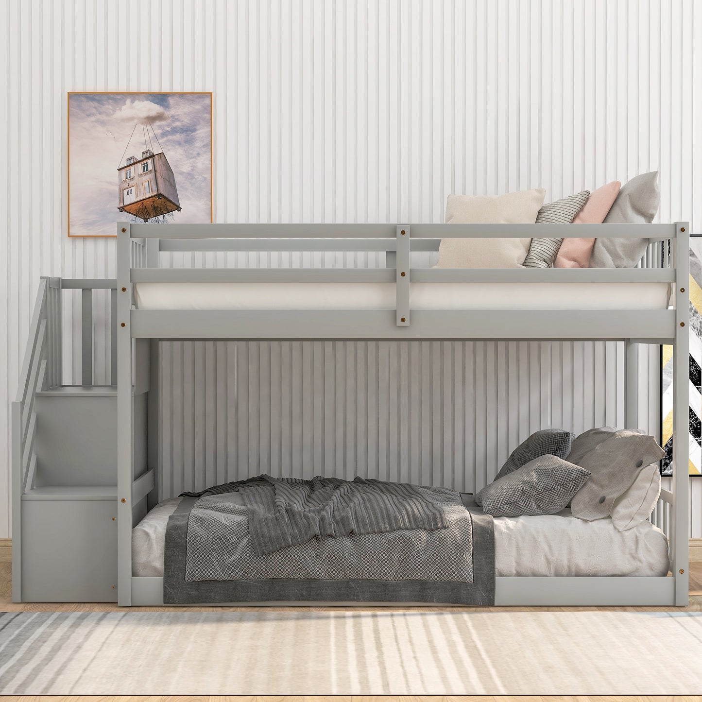 Gray Twin Bunk Bed with Built-in Storage Ladder for Kids