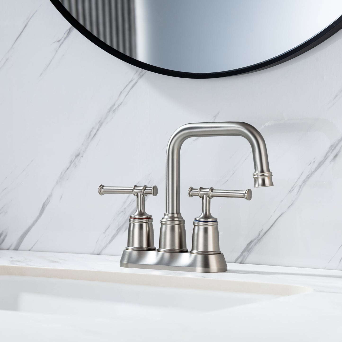 Elegant Brushed Nickel Bathroom Faucet with Dual Handles and Lift Rod Drain - Ideal for Lavatory Sink