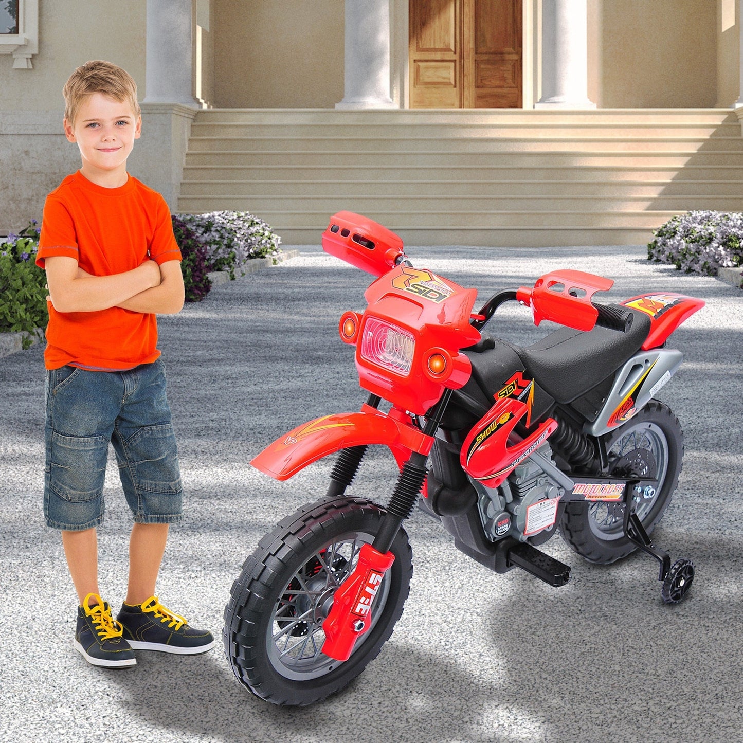 6V Kids Motorcycle Dirt Bike Electric Battery-Powered Ride-On Toy Off-road Street Bike with Training Wheels Red