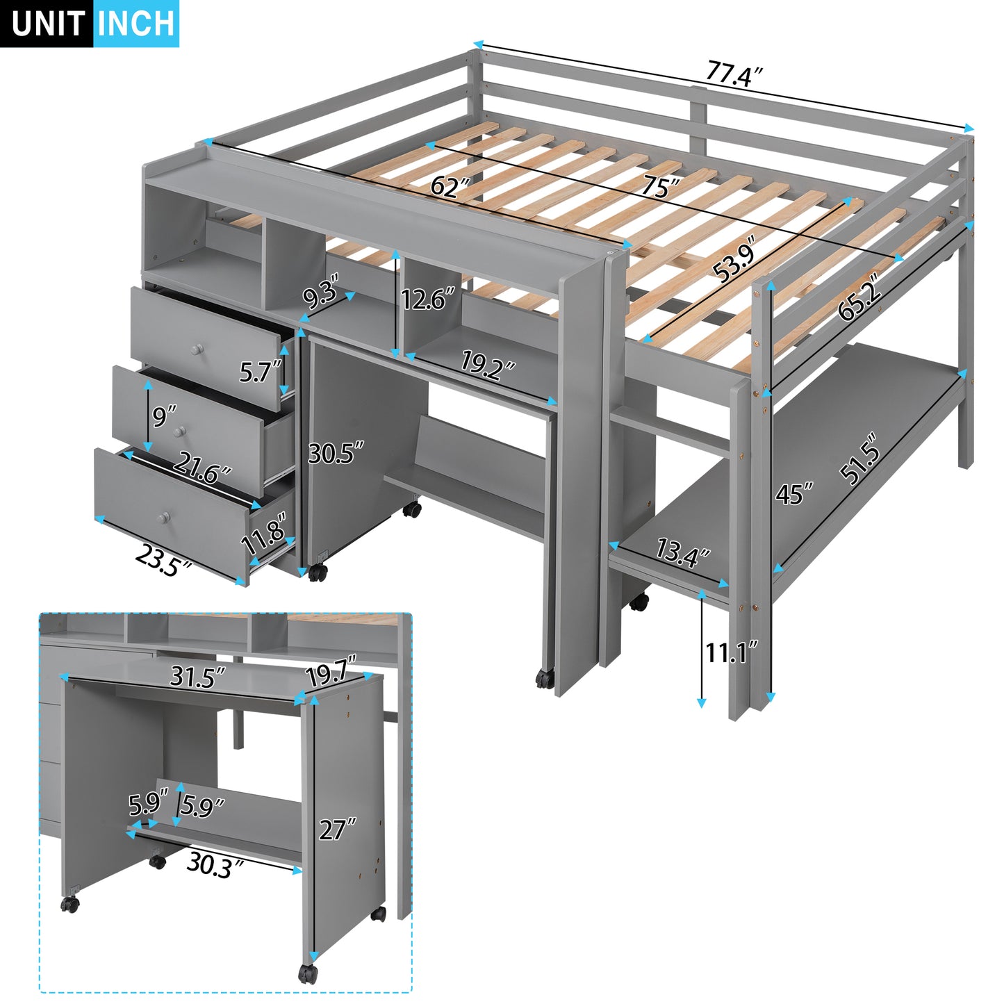 Full Size Low Loft Bed with Rolling Portable Desk, Drawers and Shelves, Gray(: GX000711AAE)