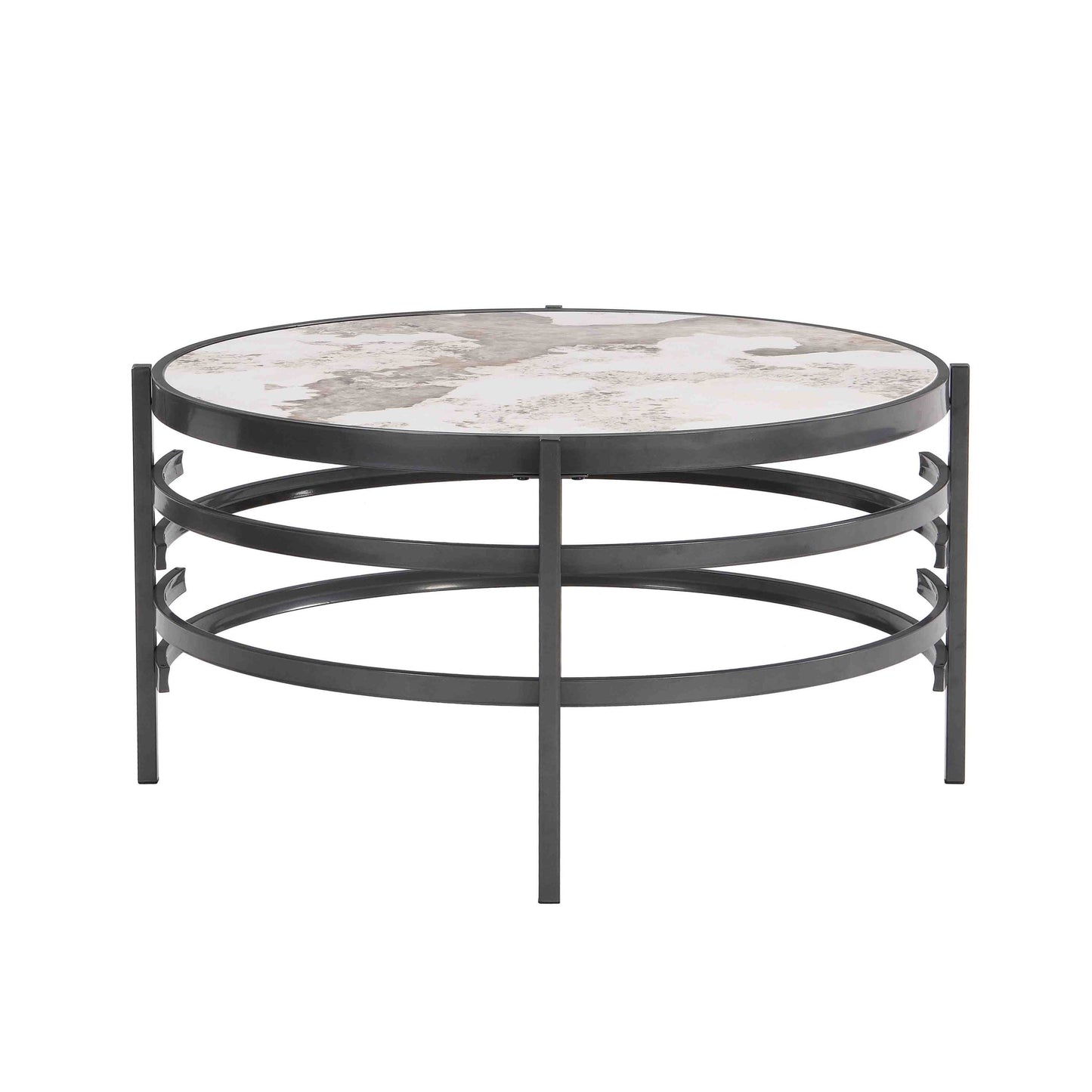 Modern Round Coffee Table with Sintered Stone Top and Robust Metal Frame, Stylish Living Room Centerpiece in Dark Gray