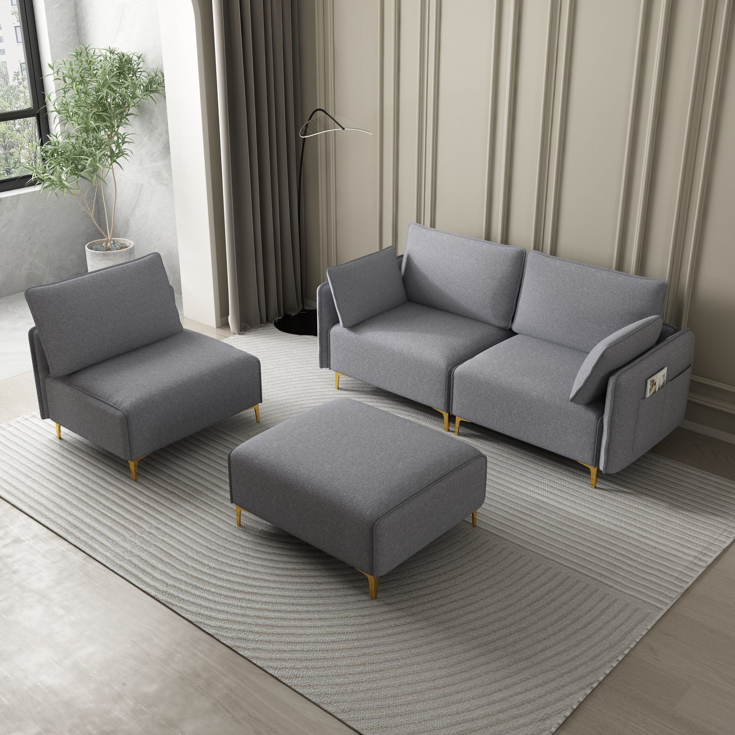 L Shape Sectional Sofa with USB Grey Fabric