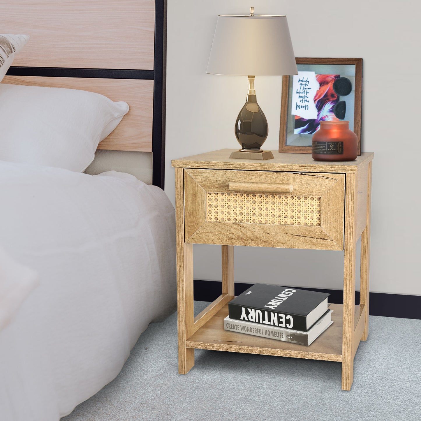 Nightstand Set of 2, 2 Drawer Dresser for Bedroom, Small Dresser with 2 Drawers and two open storage shelf, Bedside Furniture, Night Stand, End Table with rattan Design, Natural Color