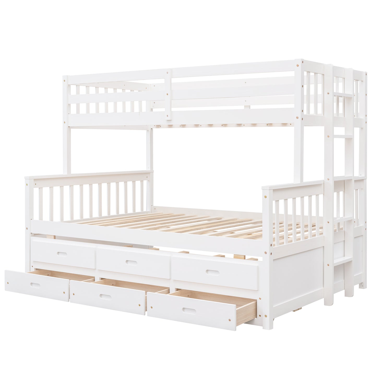 Playful Twin-Over-Full Bunk Bed with Trundle and Drawers - White