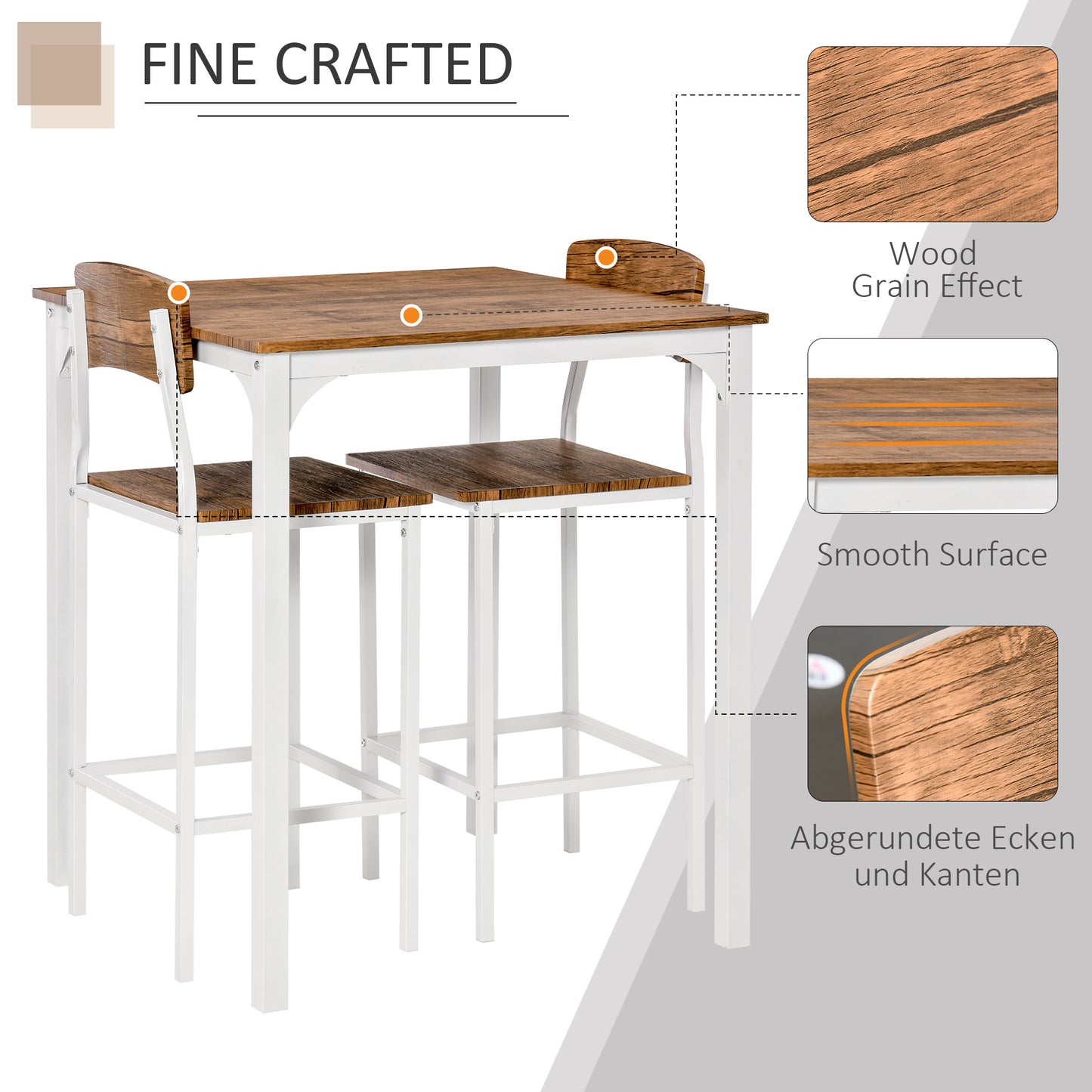 3 Piece Bar Table Set, Industrial Counter Height Dining Table Set, Bar Table & Chairs with Steel Legs & Footrests, White