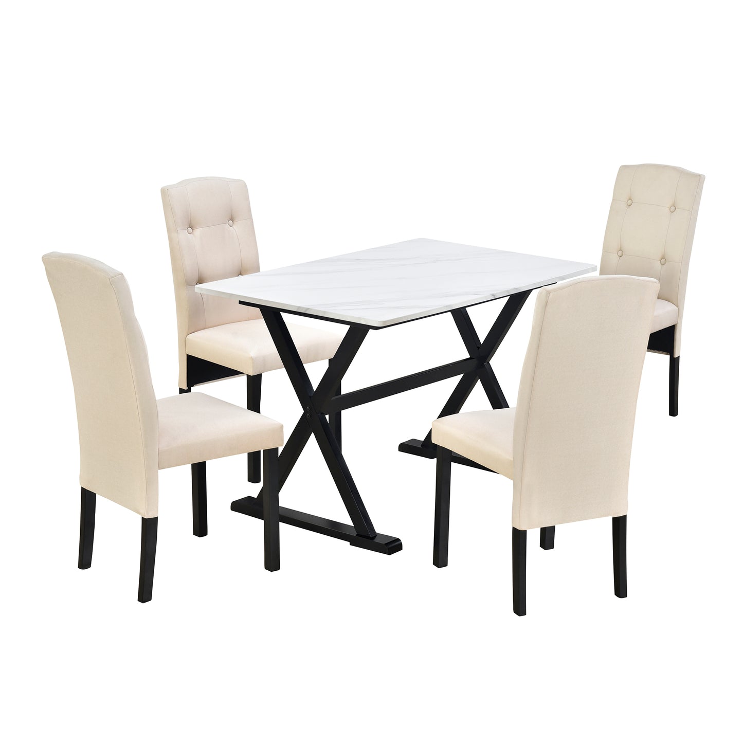 Solid Wood 5-Piece Dining Table Set with Faux Marble Tabletop and Upholstered Dining Chairs for 4, Faux Marble White+Beige