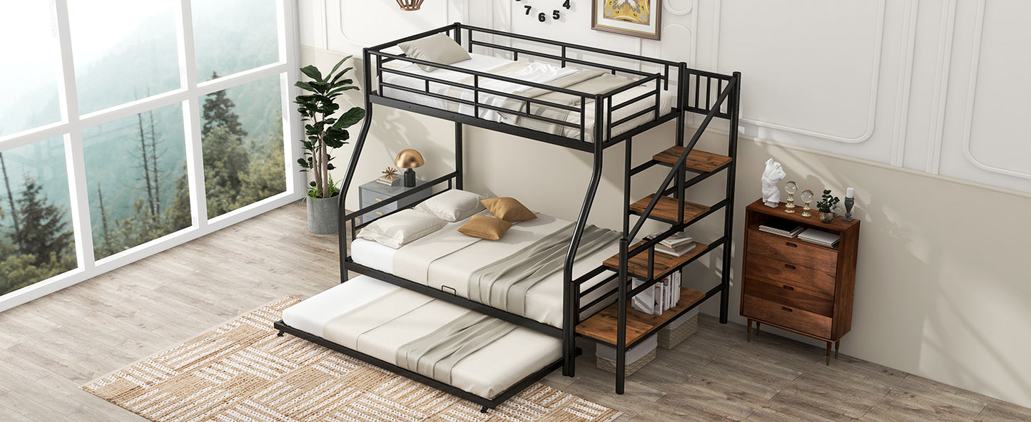 Black Metal Bunk Bed with Storage Staircase and Trundle - Twin over Full Size