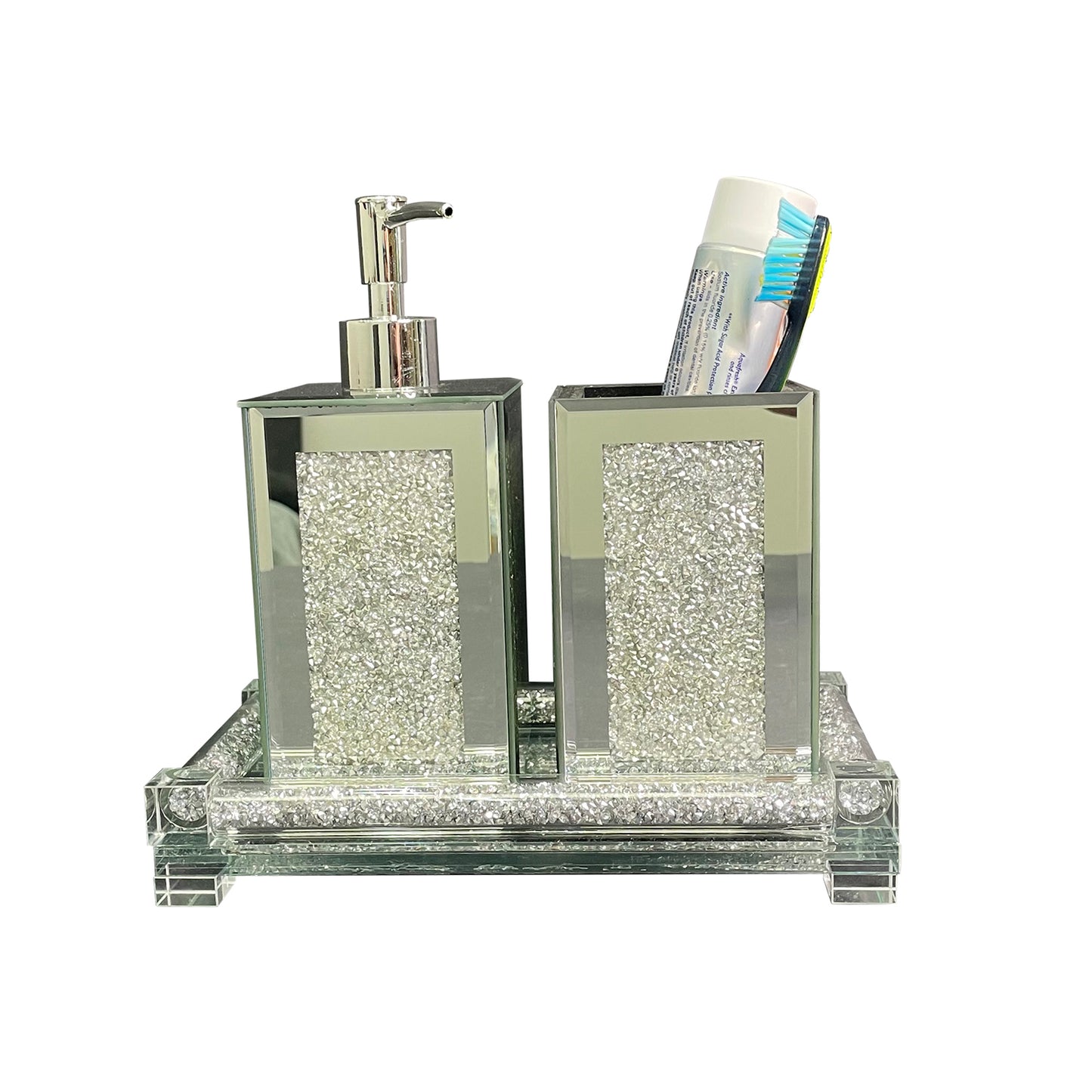 Exquisite Glass 3-Piece Bathroom Set with Square Soap Dispenser, Toothbrush Holder, and Tray