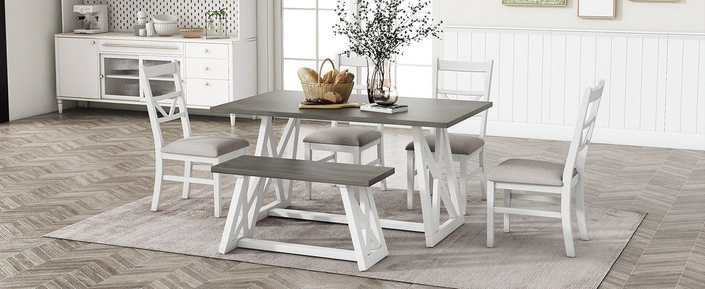 Farmhouse 6-Piece Dining Table Set with Cross Legs, Kitchen Set with 4 Upholstered Dining Chairs and Solid Wood Bench,White