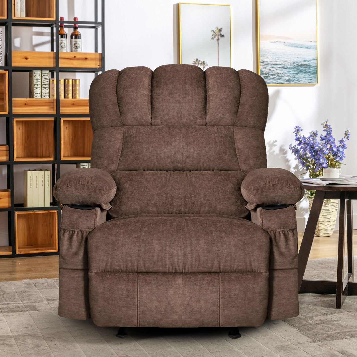 Massage and Heating Brown Recliner Chair with USB and Cup Holders