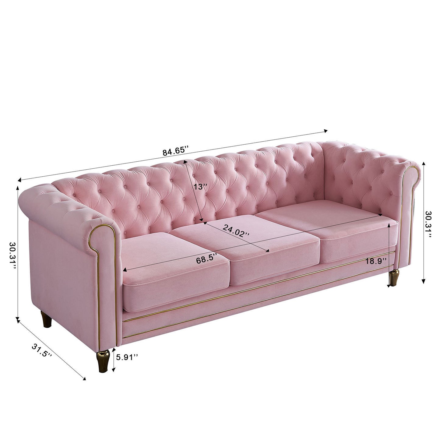 Chesterfield Velvet Sofa 84.65 inch for Living Room PINK Color