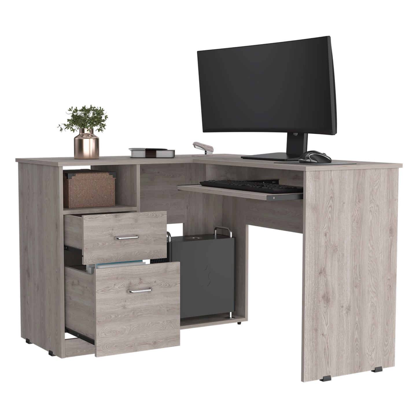 L-Shaped Computer Workstation with Drawer and Shelf in Light Gray