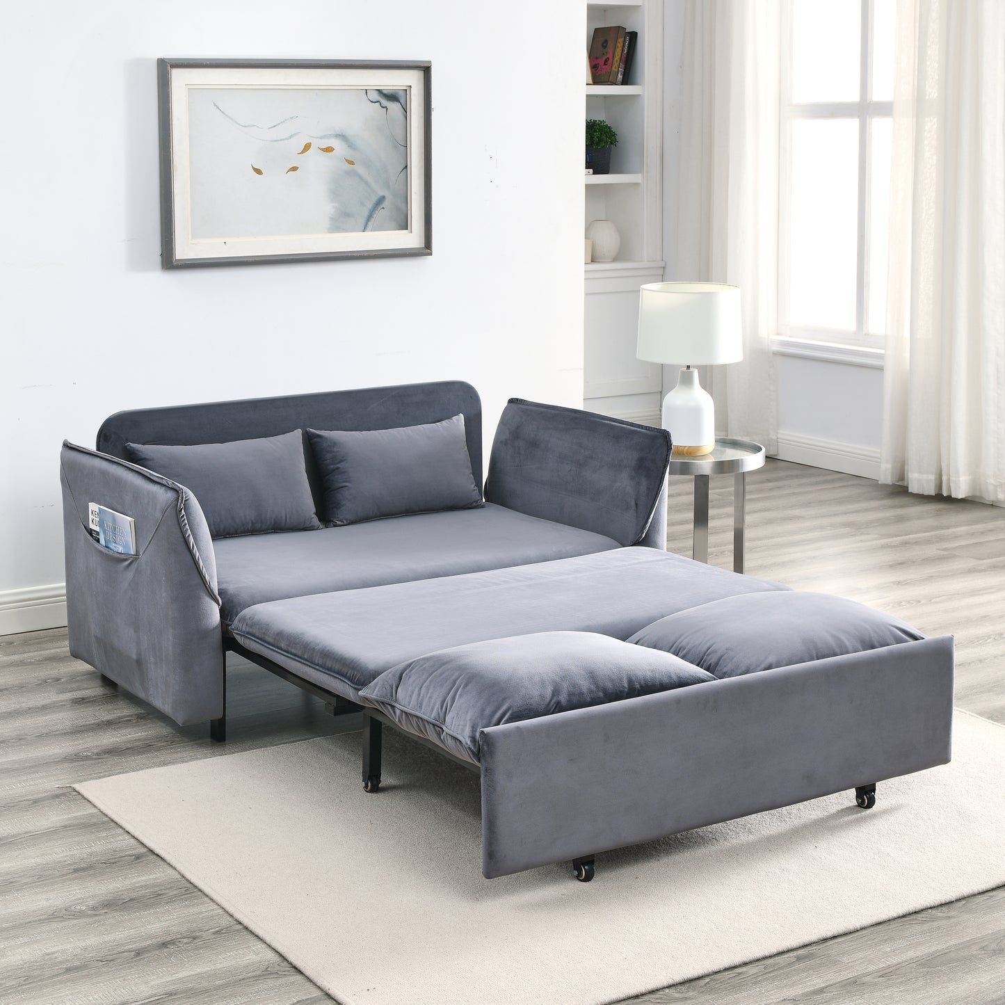 MH 57" Modern Convertible Sofa Bed with 2 Detachable Arm Pockets, Velvet Loveseat Multi-position adjustable Sofa with Pull Out Bed with Bedhead, 2 Pillows and Living Room, Grey