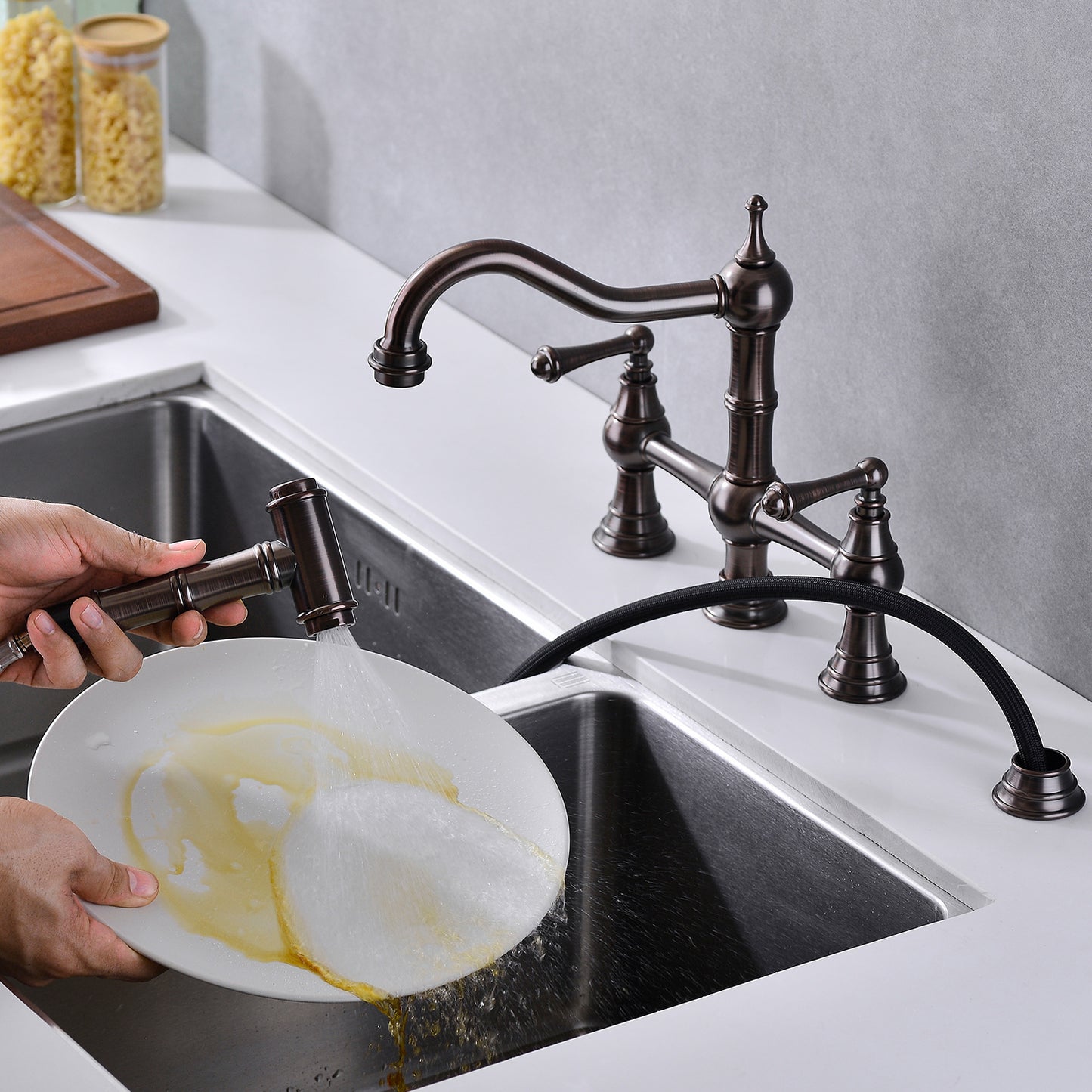 Bridge Dual Handles Kitchen Faucet With Pull-Out Side Spray in