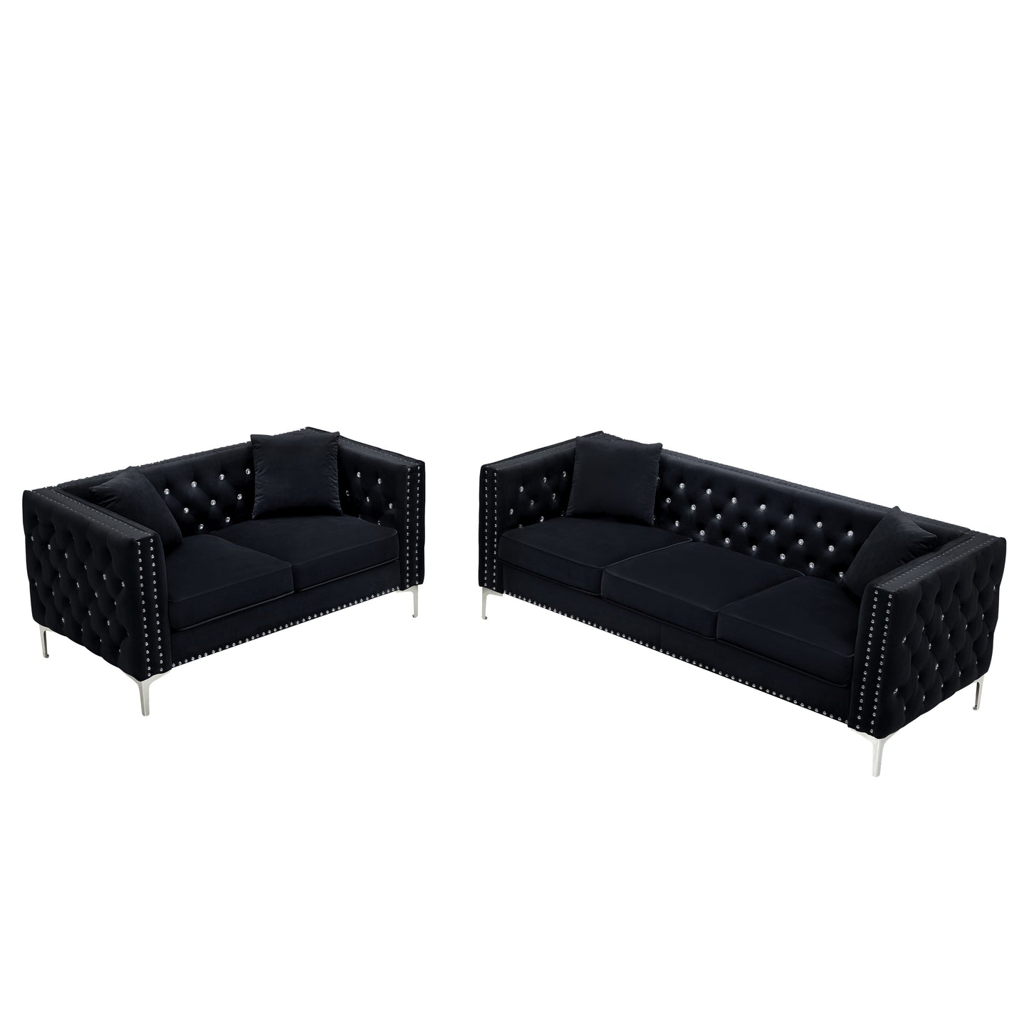 Modern Black Velvet 2-Piece Living Room Set with Sofa, Loveseat, and 4 Pillows