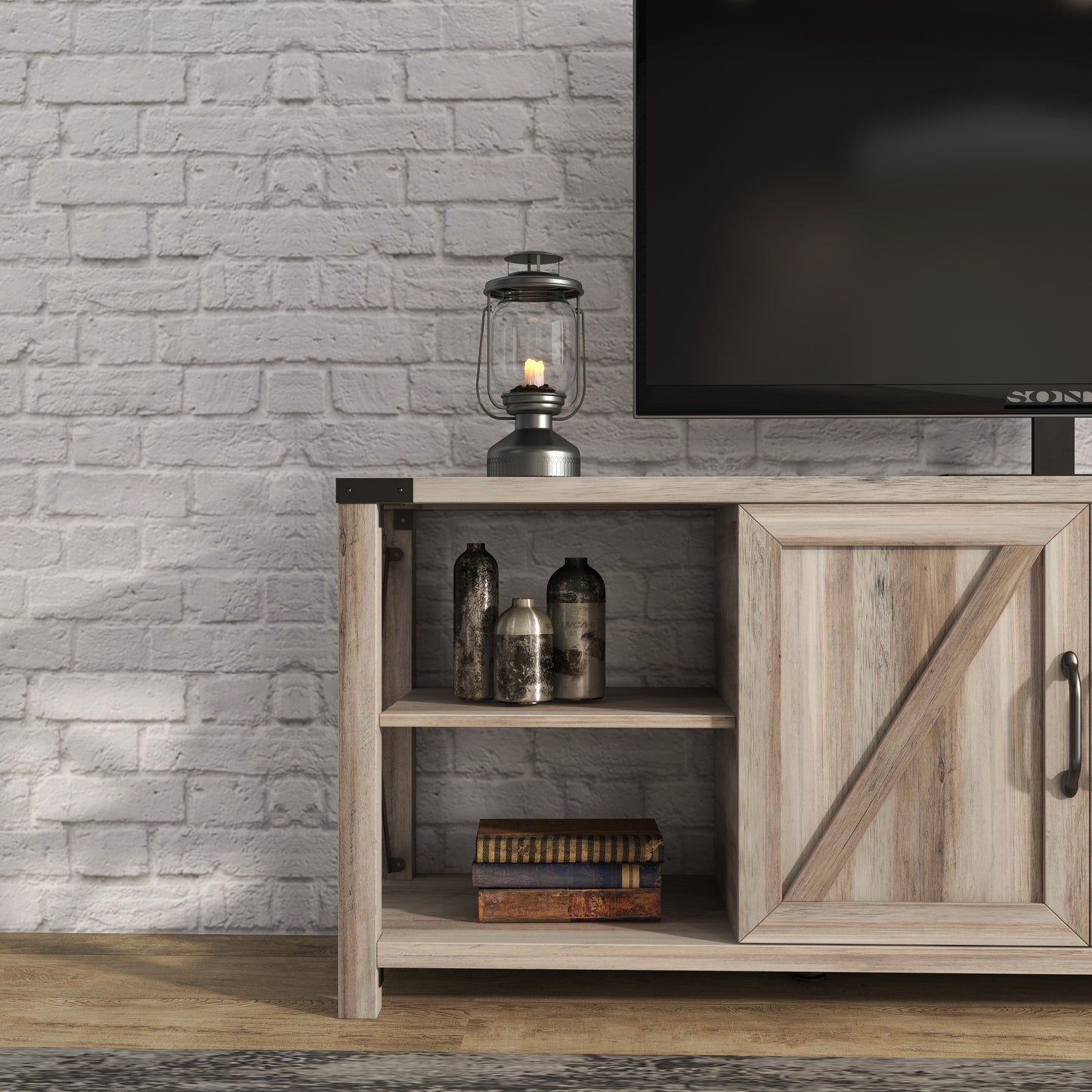 Rustic Grey Walnut TV Stand with Storage Shelves and Cabinets