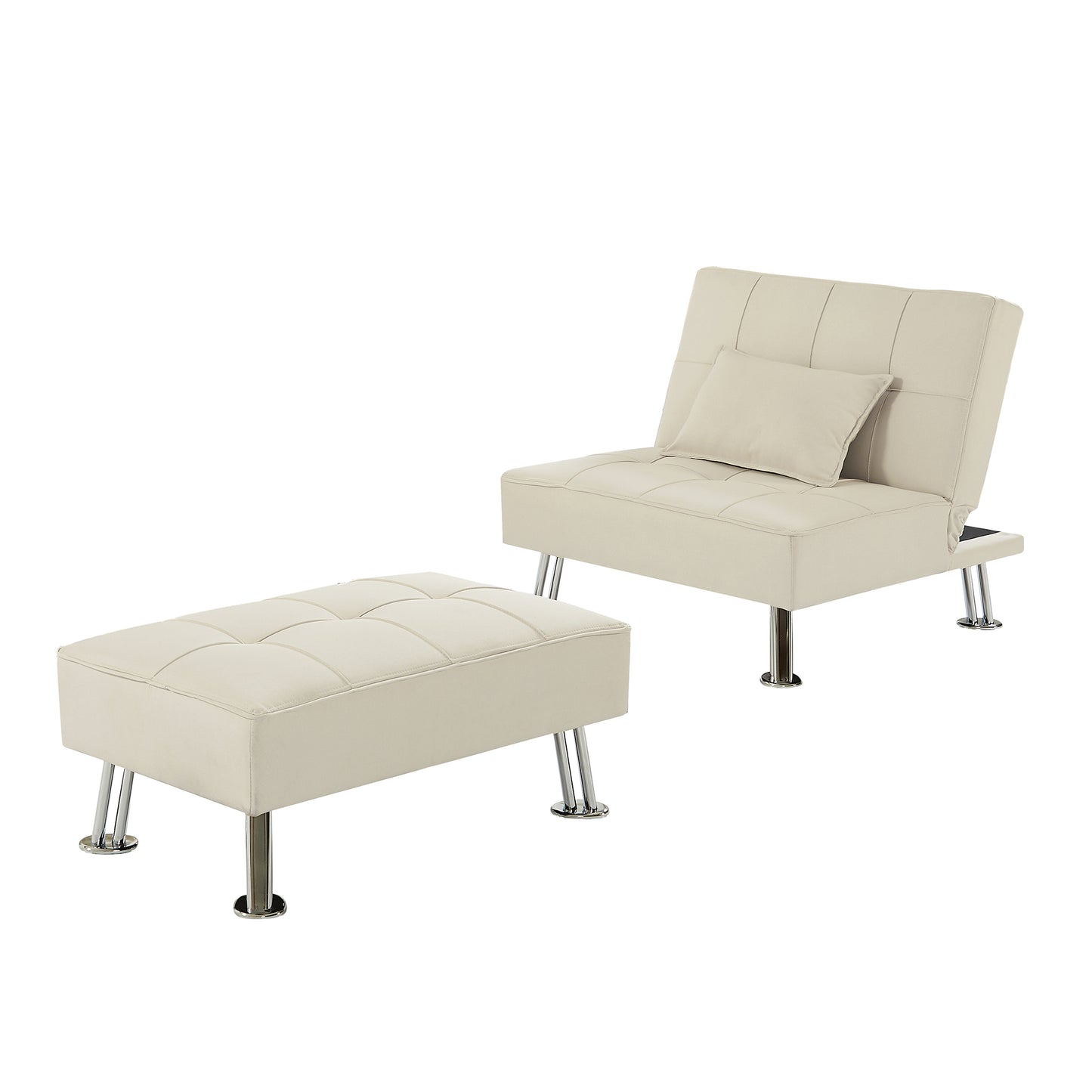 BEIGE  Fabric Single Sofa Bed with Ottoman , Convertible Folding Futon Chair, Lounge Chair Set with Metal Legs .