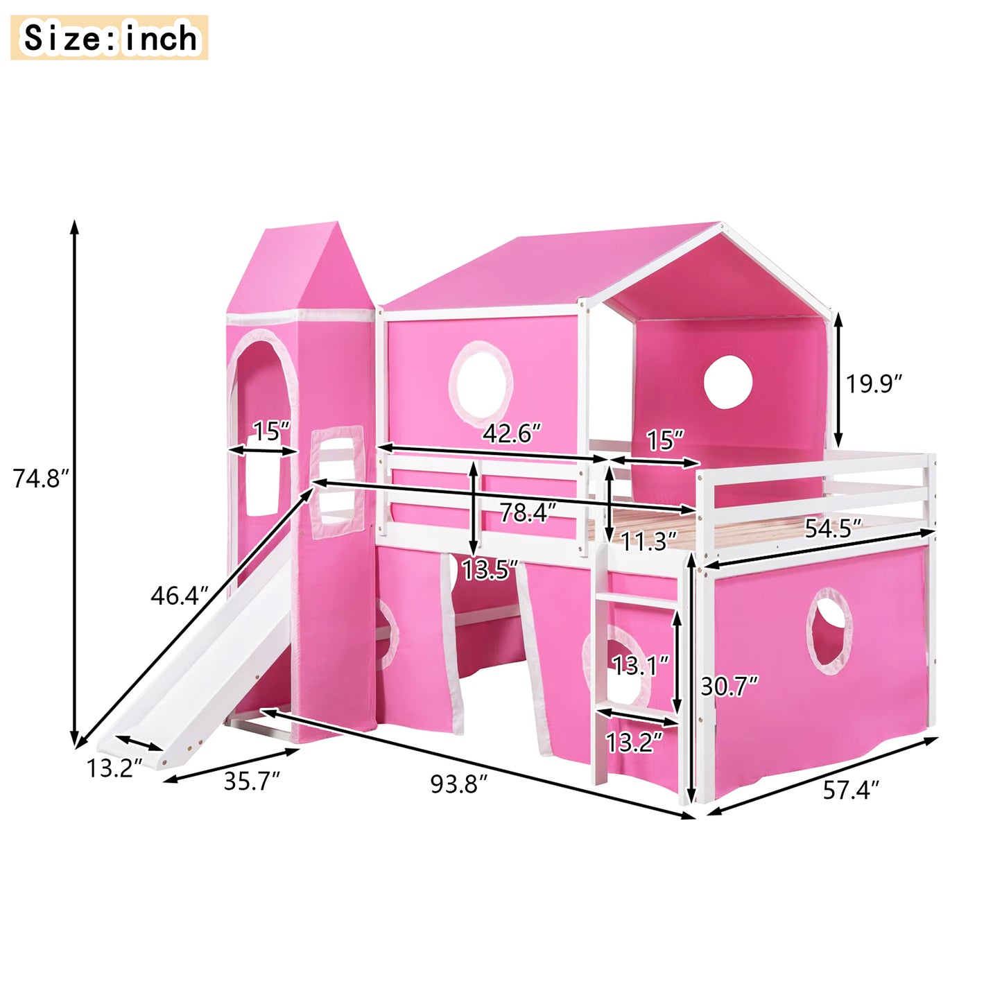 Pink Castle Loft Bed with Slide Tower