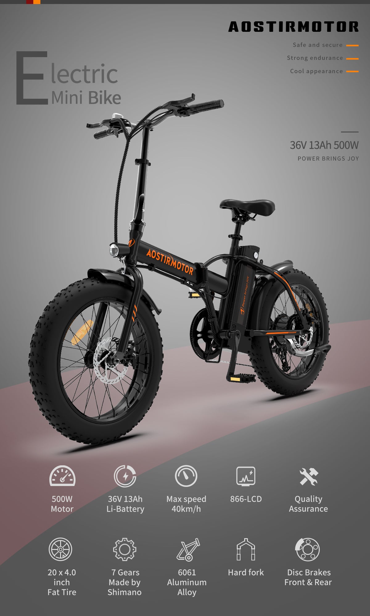 AOSTIRMOTOR Folding Electric Bike Ebike Bicycle 500W Motor 20" Fat Tire With 36V/13Ah Li-Battery Beach Snow Bicycle  A20