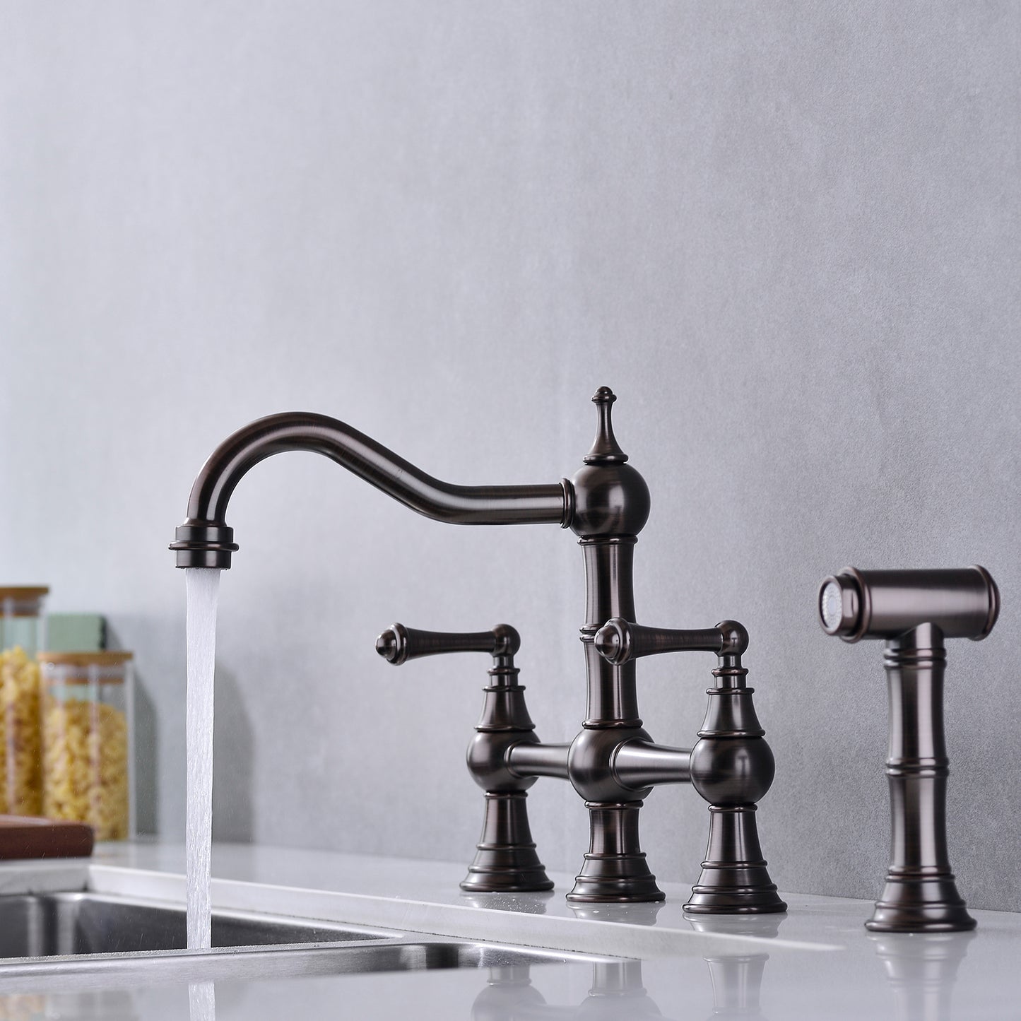 Bridge Dual Handles Kitchen Faucet With Pull-Out Side Spray in