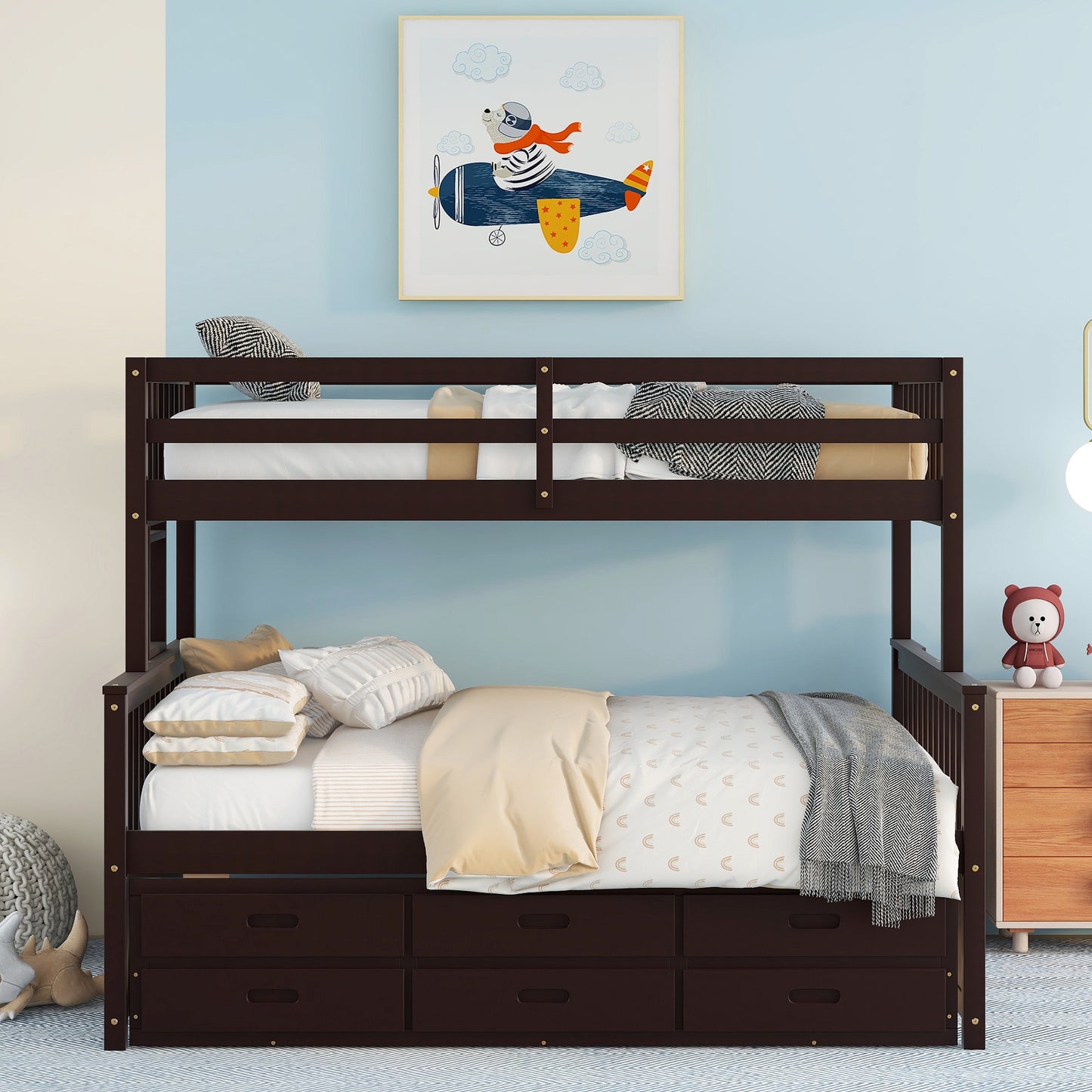 Rustic Three-Bedroom Bunk Bed with Trundle and Drawers - Espresso