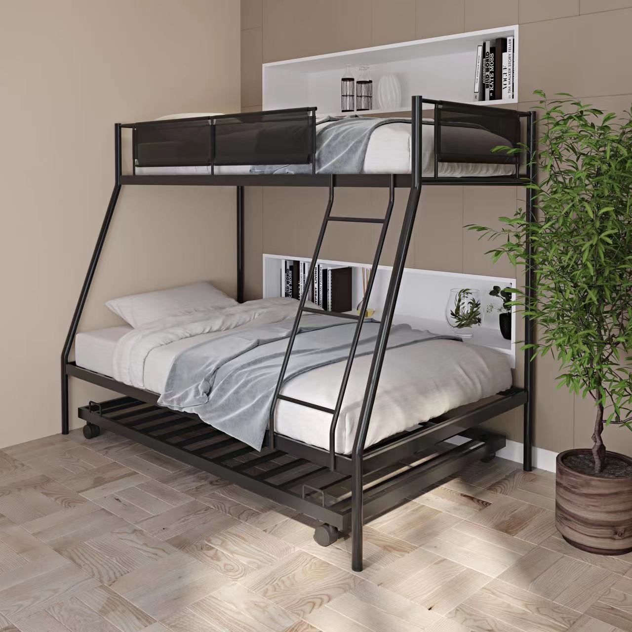 Triple Sleeper Metal Bunk Bed Set with Trundle - Durable Frame, Silent Slats, Secure Guardrail, Efficient Space-Saving Solution