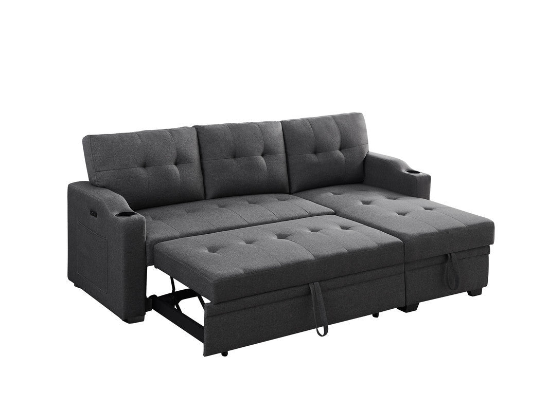 Mabel Dark Grey Linen Fabric Sleeper Sectional with Cupholder, USB Charging Port, and Storage Pocket