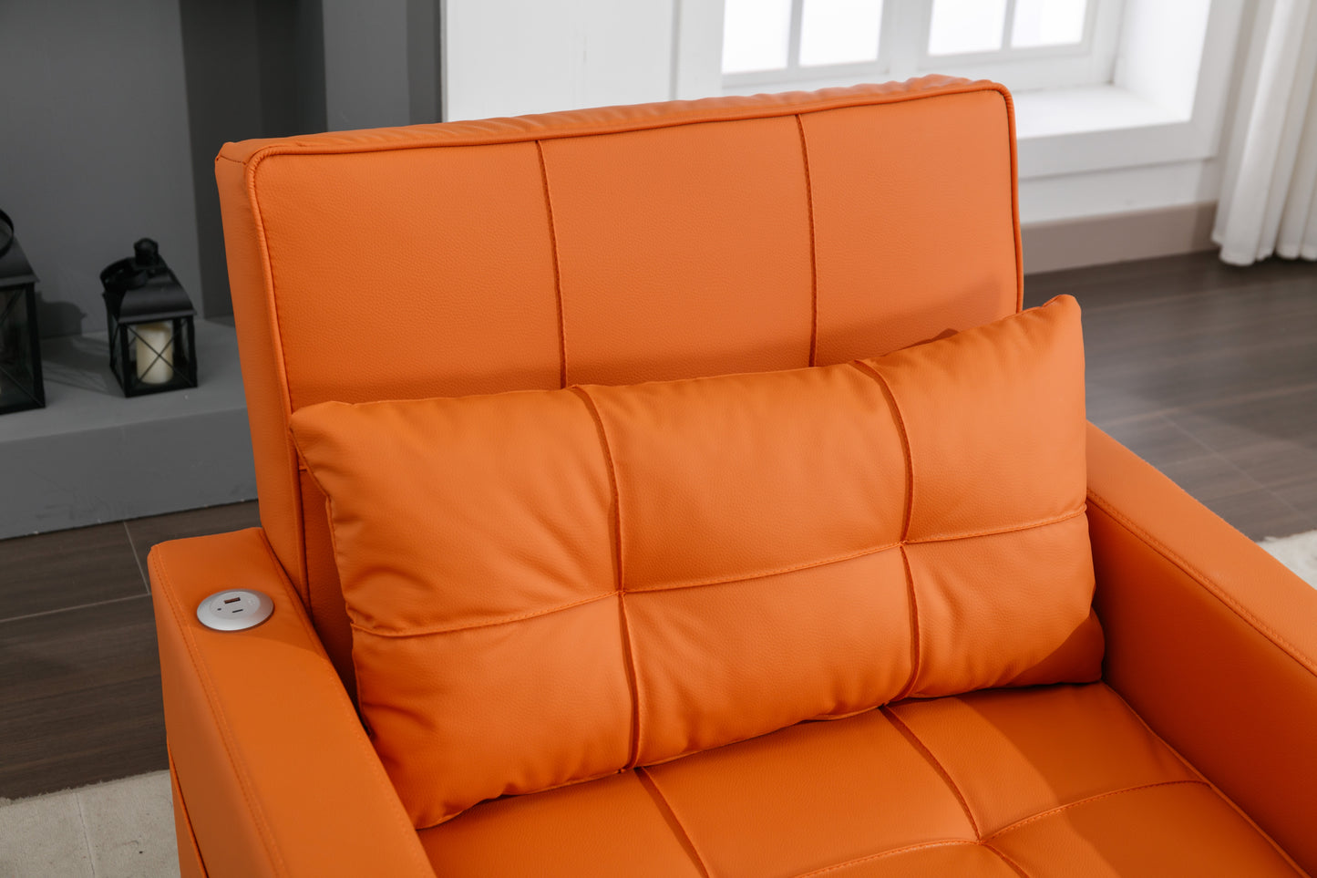 Futon Chair Bed Convertible Chair 3-in-1 Pull Out Sleeper Chair Beds with USB Ports,Wear-resistant and Anti-scratch,  Armchair Bed Sleeper for Living Room (Orange Leather)