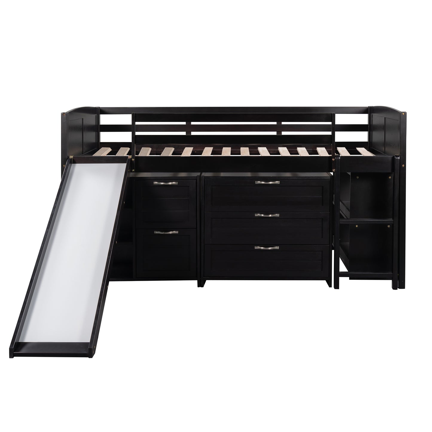 Low Twin Size Loft Bed with Cabinets, Shelves and Slide - Espresso