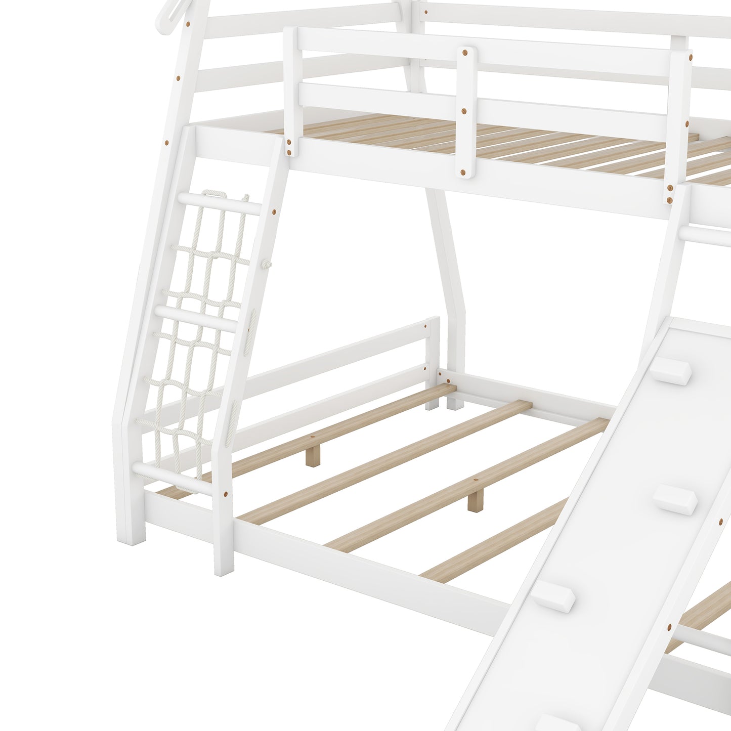 Twin and Queen Climbing House Bunk Bed with Nets and Ramp in White