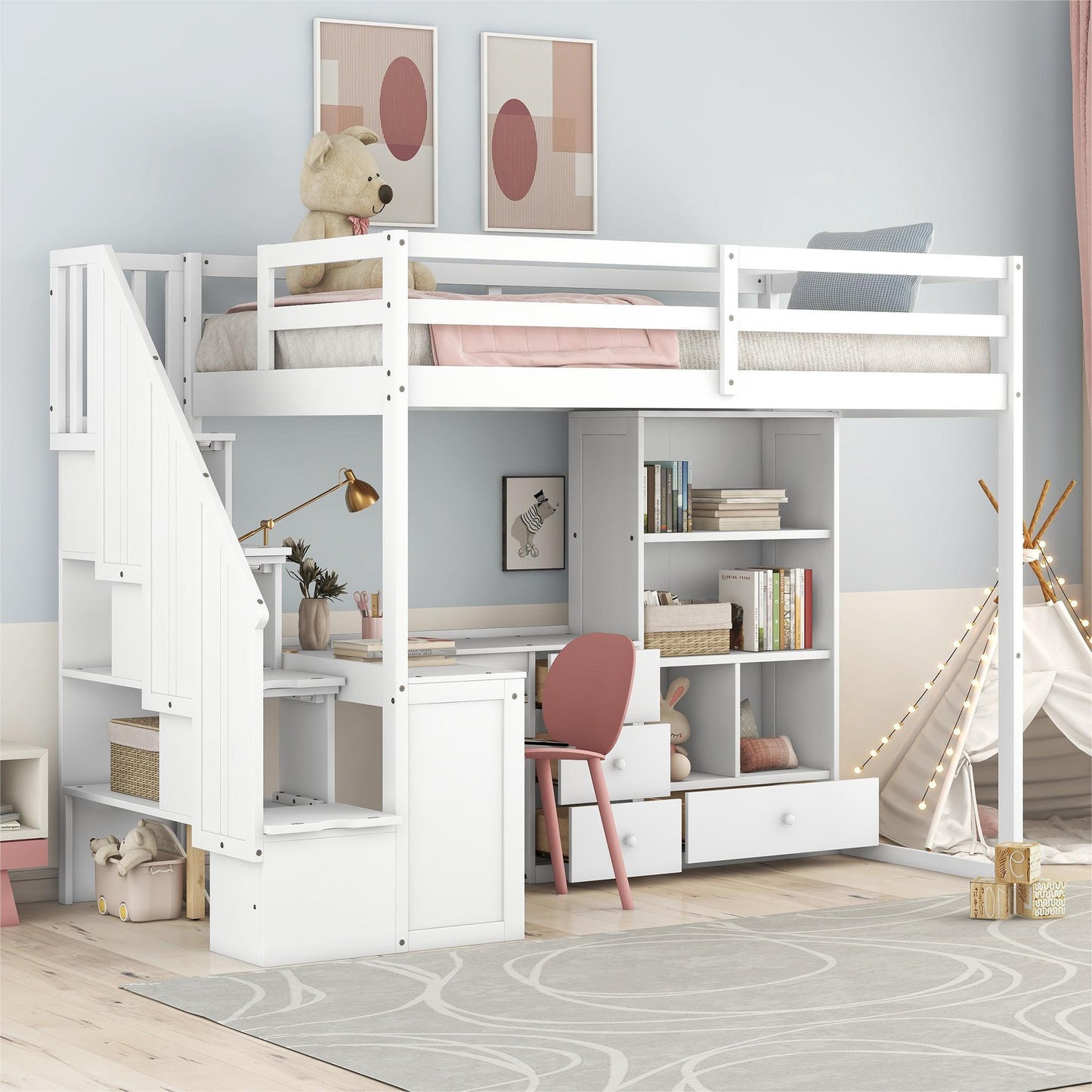 Twin Size Loft Bed with L-Shaped Desk and Drawers, Cabinet and Storage Staircase, White