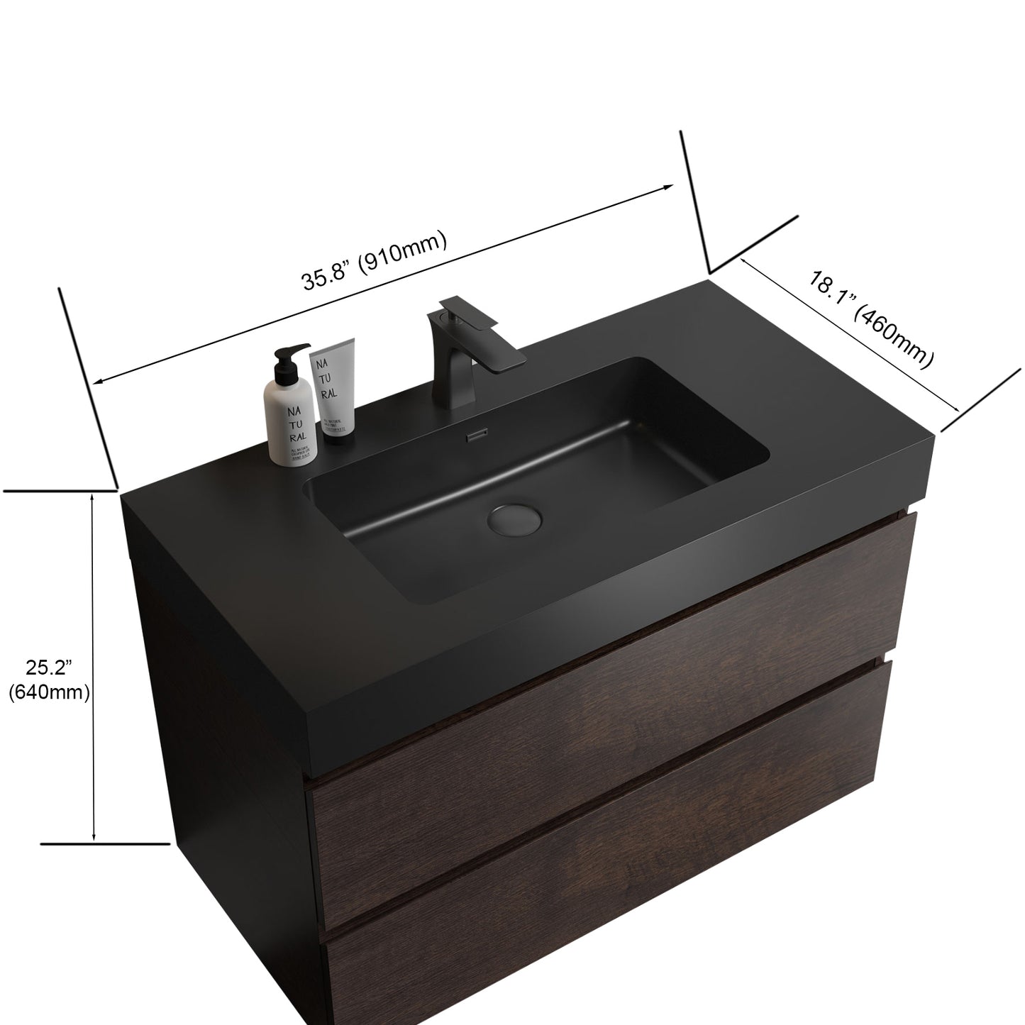 BB02-36-109, Integrated engineered quartz basin WITHOUT drain and faucet, matte black color