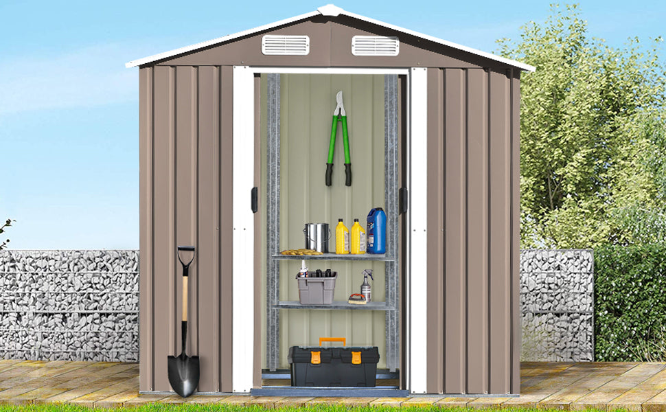 Patio 6ft x4ft Bike Shed Garden Shed, Metal Storage Shed with Adjustable Shelf and Lockable Door, Tool Cabinet with Vents and Foundation for Backyard, Lawn, Garden, Brown