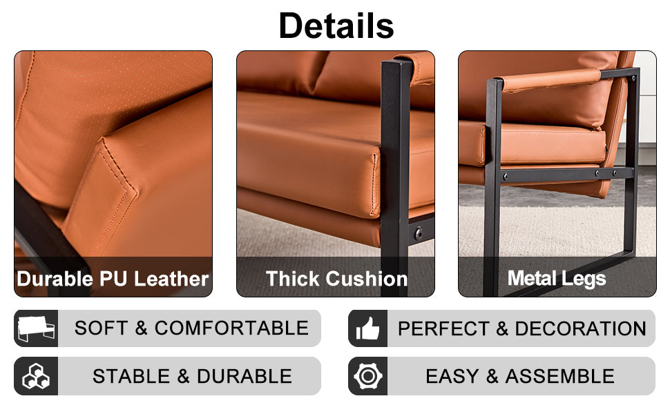 PU leather armchair metal frame cushion armchair, cushion backrest, living room sofa 1 double sofa+2 single sofa (brown PU leather+metal frame+foam) SF-008