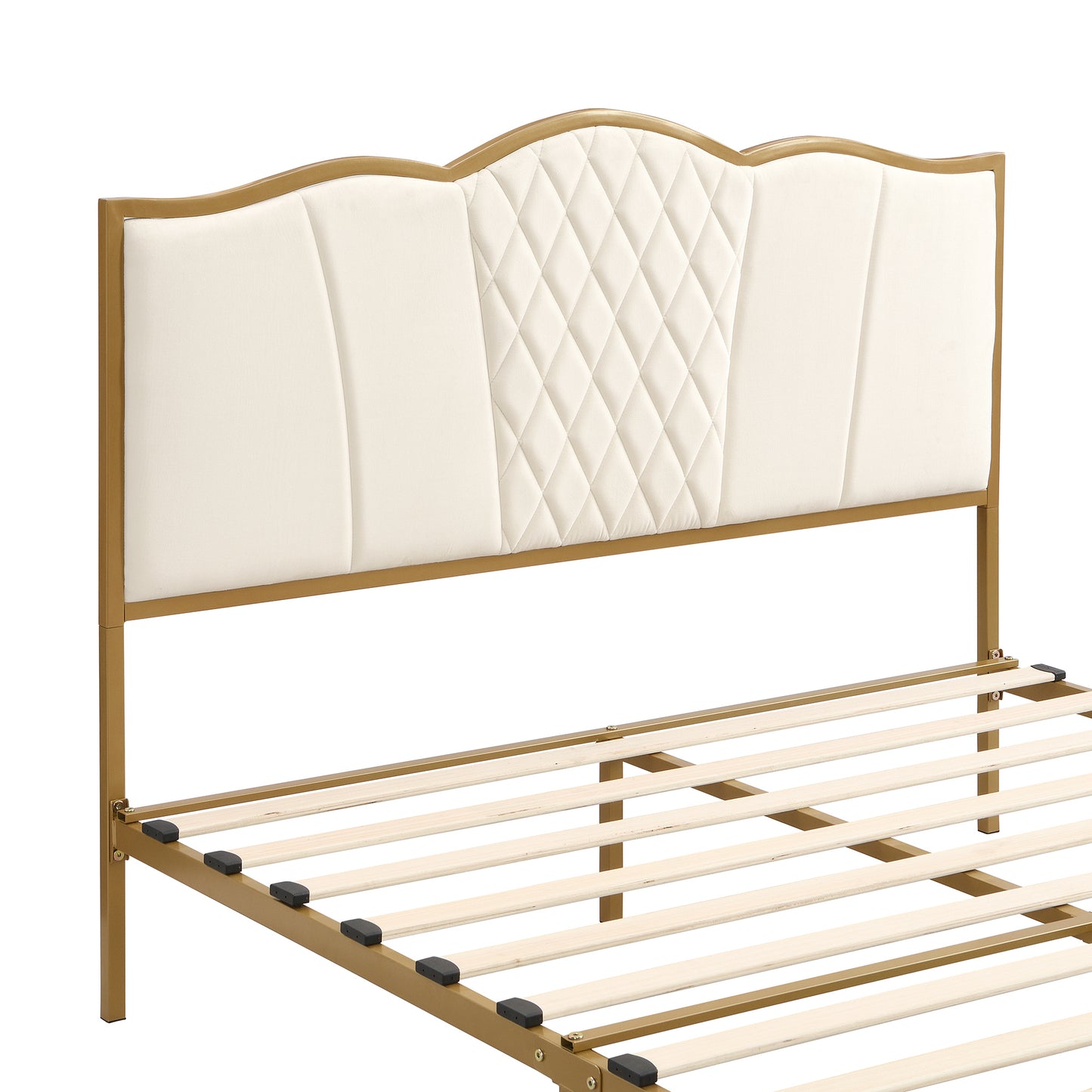 Queen Size Bed Frame, Modern Upholstered Bed Frame with Tufted Headboard, Golden Metal Platform Bed Frame with Wood Slat Support, Noise Free, No Box Spring Needed,Beige