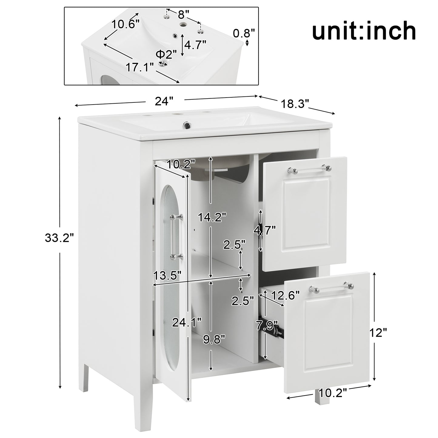 24-Inch White Bathroom Vanity Cabinet with Sink, Two Drawers, and Adjustable Shelf