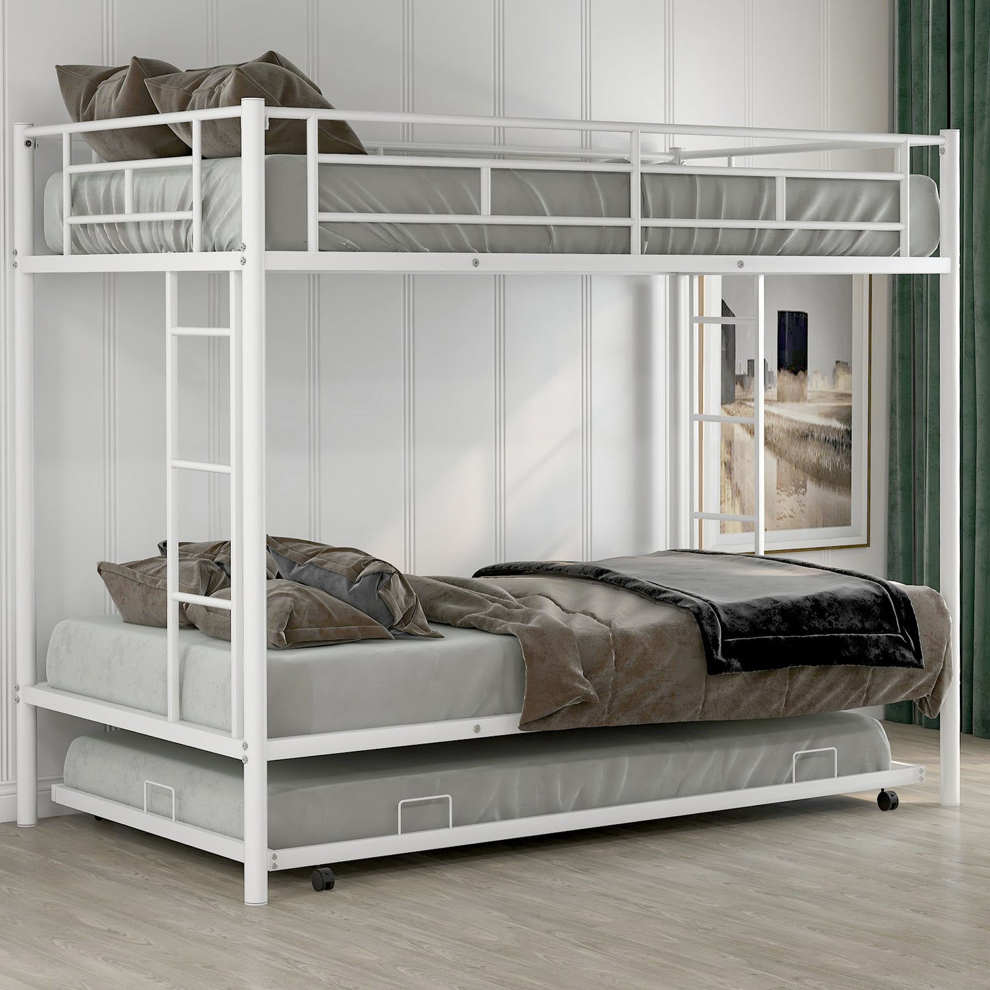 White Space-Saving Twin Bunk Bed with Trundle