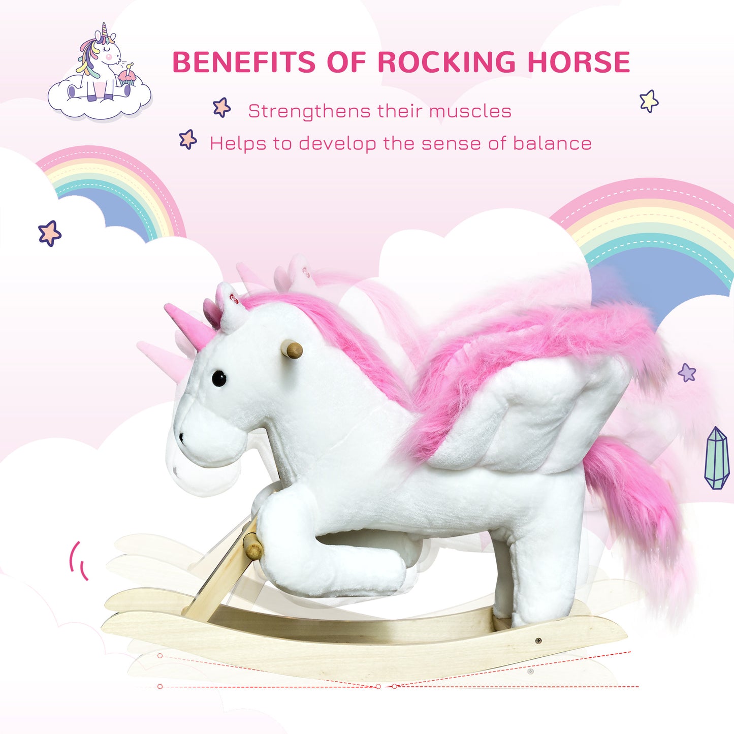 Unicorn Baby Rocking Horse Toy for Kids with Lullaby Song, Plush Ride on Horse with Heavy-Duty Support System, Interactive Toy Pretend Play Toy for Toddlers