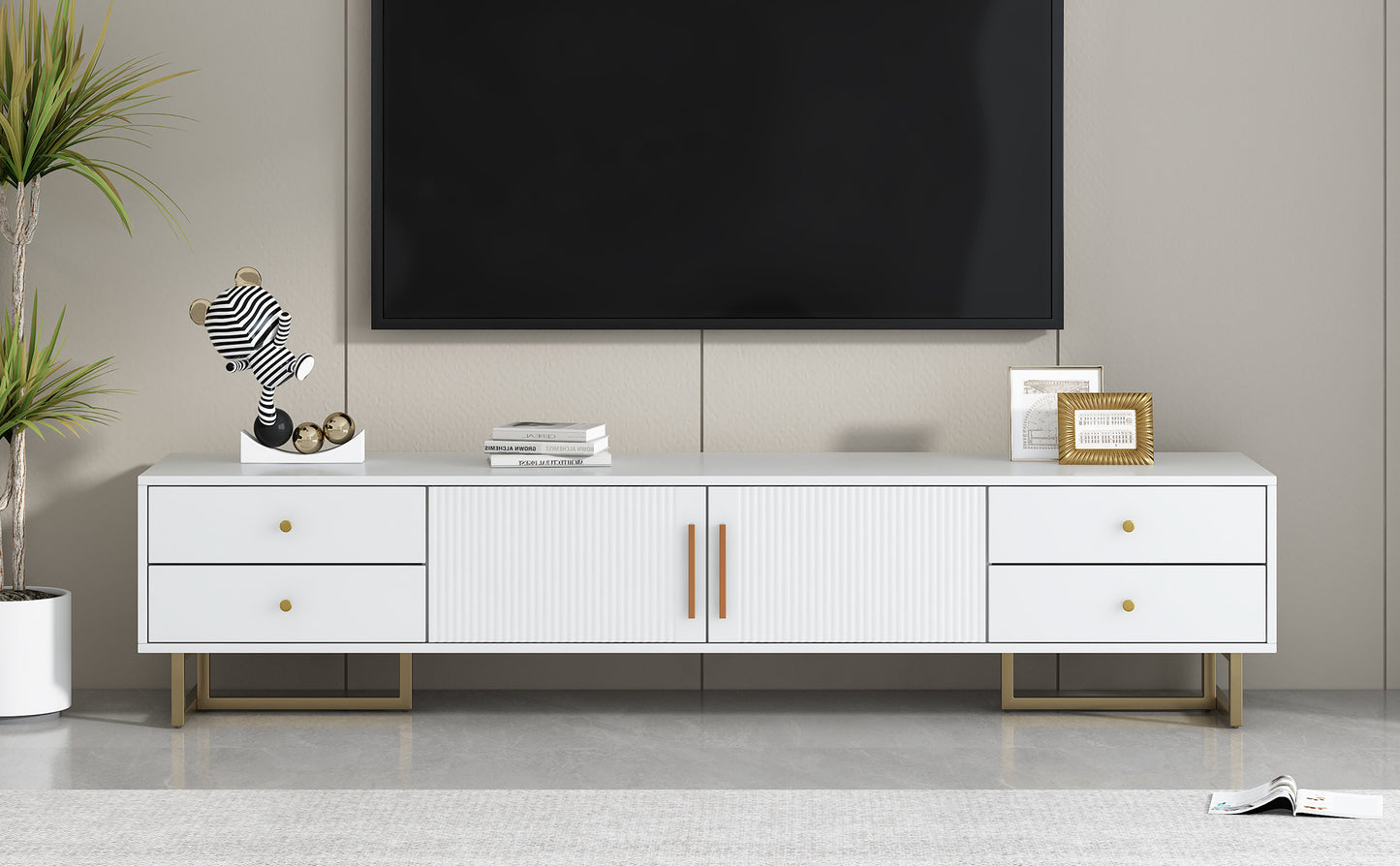 Modern White TV Stand with Storage Drawers and Cabinet